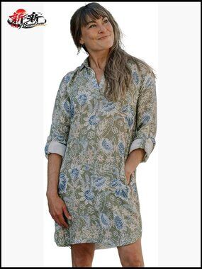 Cotton Gauze Button Up Travel Dress Short Sleeve Pockets Boho Floral